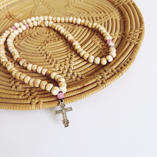 Wooden 100 Bead Prayer Bracelet with Pink Spacers and Silver Crucifix