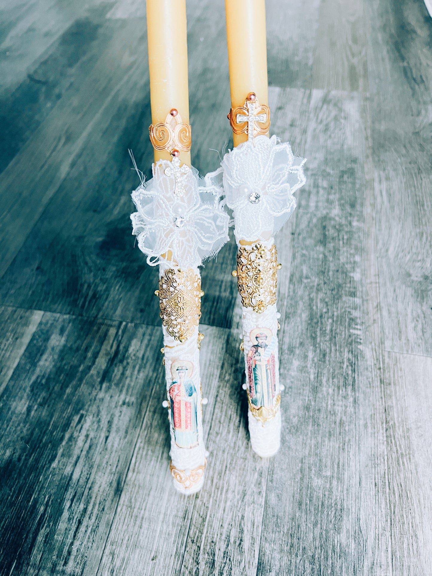 Velas cónicas de cera de abejas personalizadas para bautizos o bodas