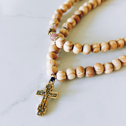 100 Knot Beige Beaded Prayer Rope with Pink and Gold Spacers