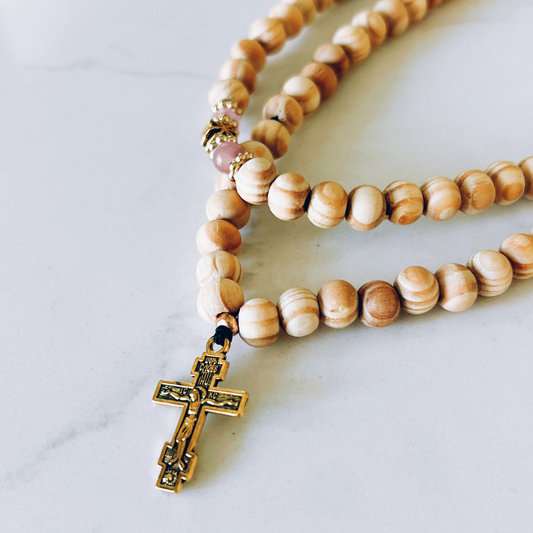 100 Knot Beige Beaded Prayer Rope with Pink and Gold Spacers