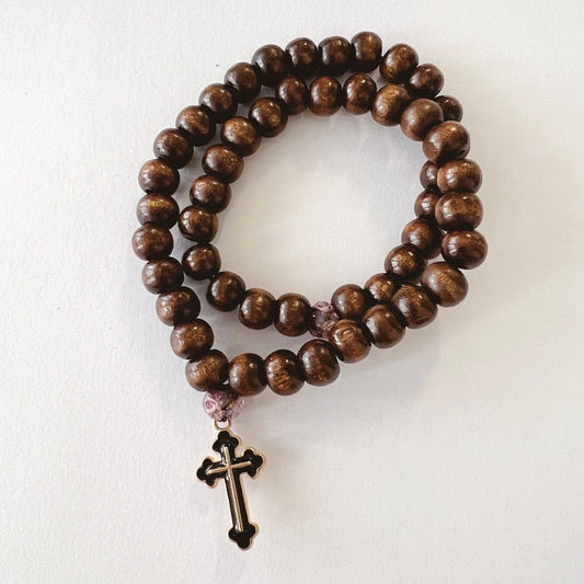 Dark Wooden 50 Bead Prayer Bracelet with Lavendar Spacer Beads