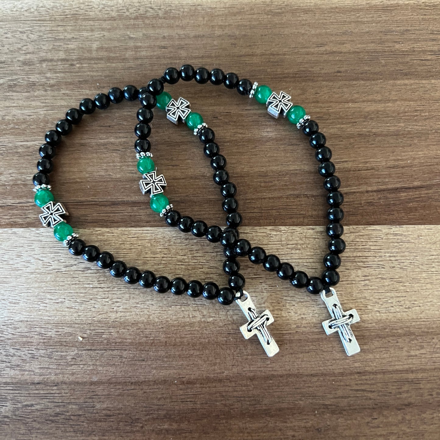 33 Bead Black Prayer Rope with Green and Silver Spacers