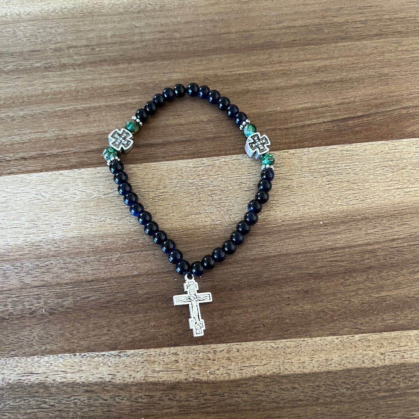 33 Bead Jade Navy Blue Prayer Rope with Marble Green and Silver Spacers