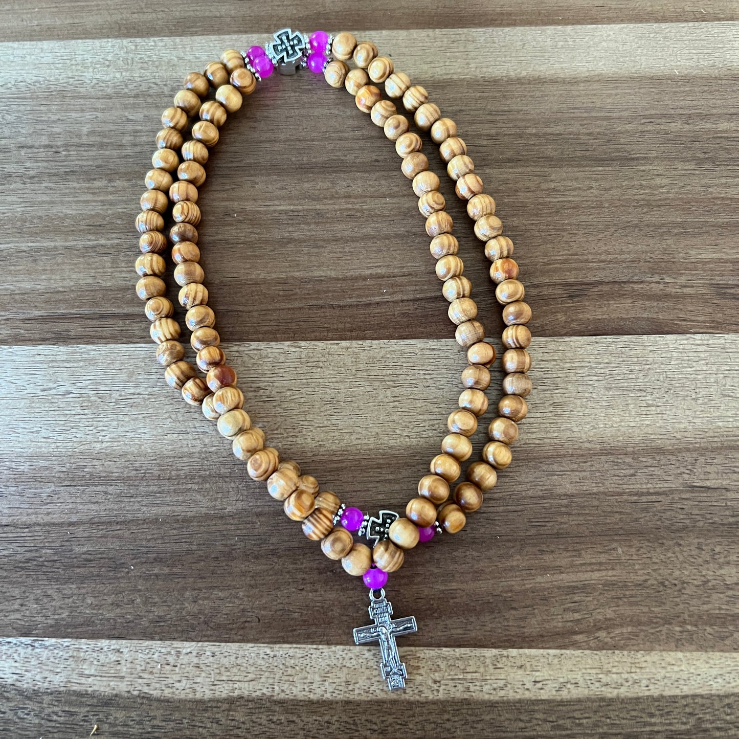100 Knot Light Brown Beaded Prayer Rope with Pink and Silver Spacers