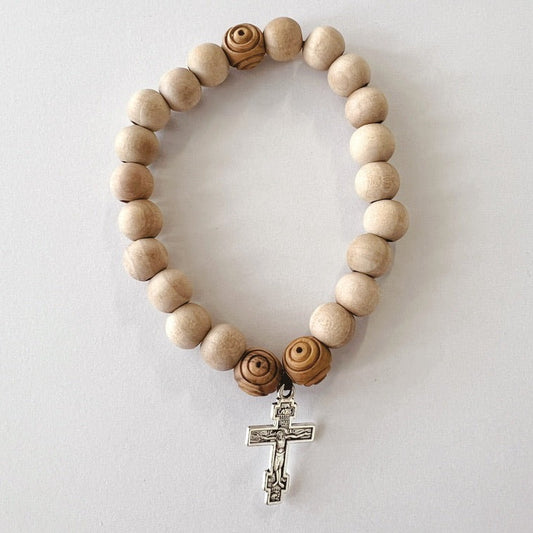 Wooden 20 Bead Prayer Bracelet with Olive Wood Carved Spacers