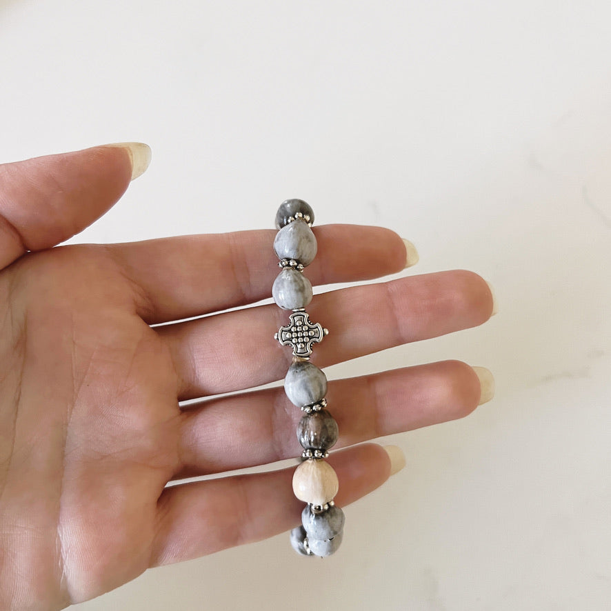 Pulsera de oración de 33 cuentas de madera de wengué con cuentas espaciadoras de lavanda
