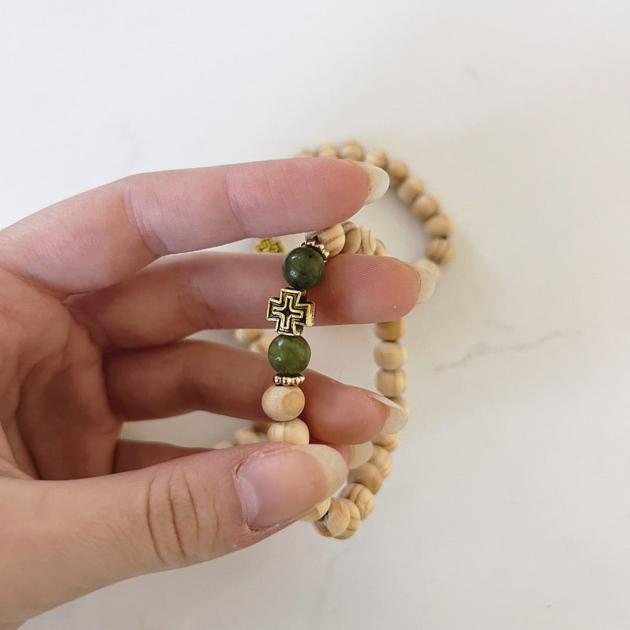 Bracelet de prière en bois de wengé, 33 perles et perles d'espacement lavande