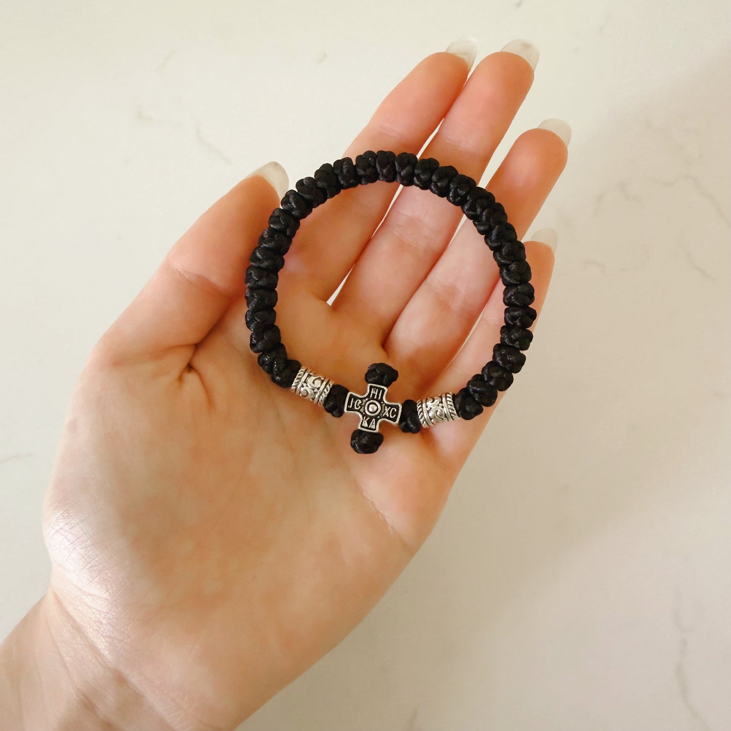 Black Cord 33 Knot Prayer Bracelet with Silver Spacers – Handmade Orthodox Prayer Rope