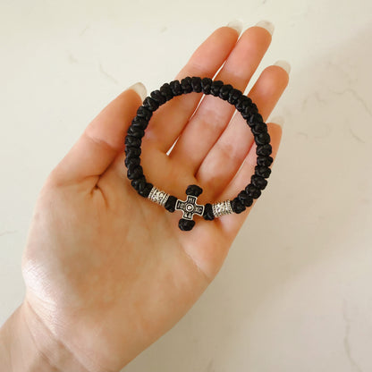 Black Cord 33 Knot Prayer Bracelet with Silver Spacers – Handmade Orthodox Prayer Rope
