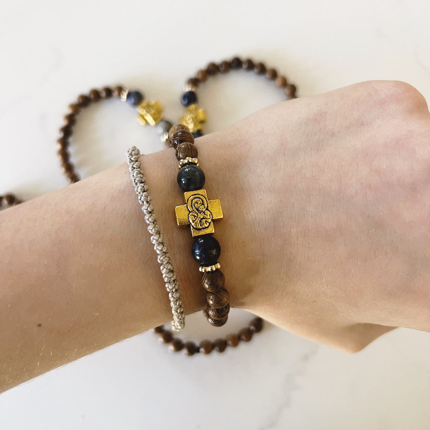 Bracelet de prière en bois de wengé, 33 perles et perles d'espacement lavande