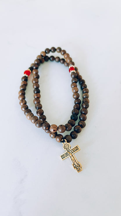 Wenge Wooden 75 Bead Prayer Bracelet with Red and Gold Spacers
