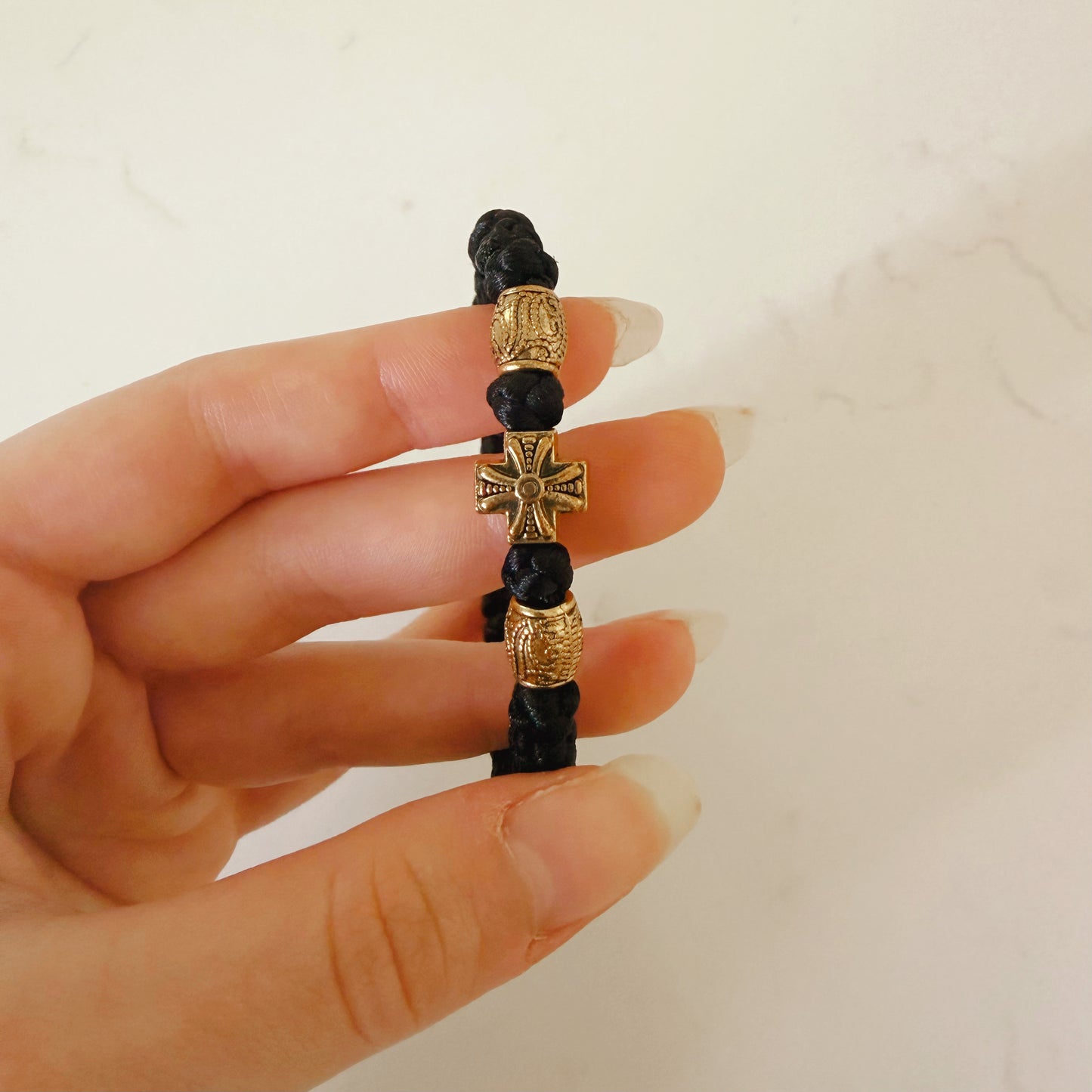 Black Cord 33 Knot Prayer Bracelet with Gold Spacers – Handmade Orthodox Prayer Rope