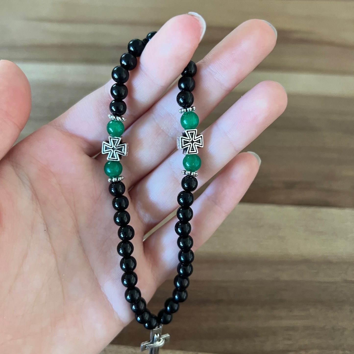 33 Bead Black Prayer Rope with Green and Silver Spacers