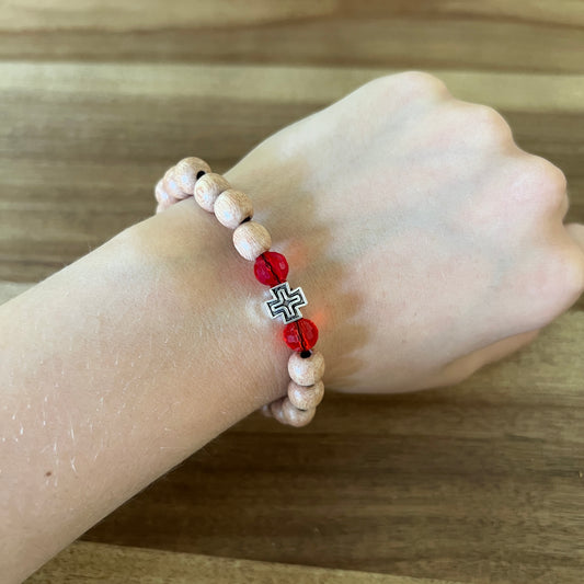 Reddish Beige Beaded Bracelet with Red and Silver Spacers