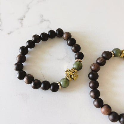 Pulsera de oración de 33 cuentas de madera de wengué con cuentas espaciadoras de lavanda