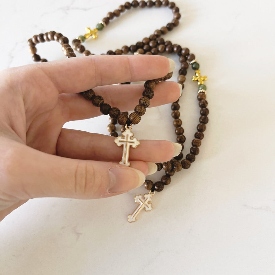 Bracelet de prière en ébène à 75 perles avec entretoises en or et croix émaillée noire