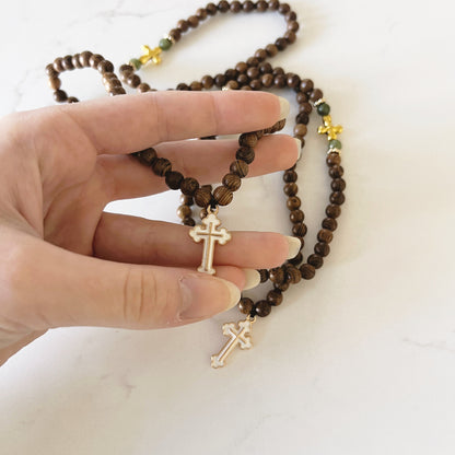 Bracelet de prière en ébène à 75 perles avec entretoises en or et croix émaillée noire