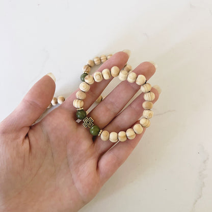 Bracelet de prière en bois de wengé, 33 perles et perles d'espacement lavande