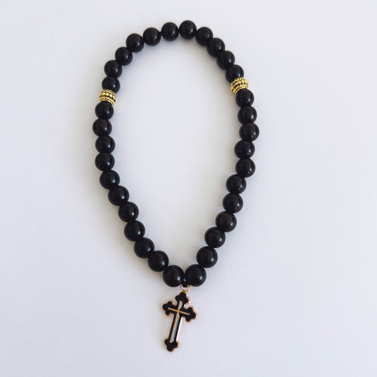 Ebony 33 Bead Prayer Bracelet with Gold Spacers and Black Enameled Cross