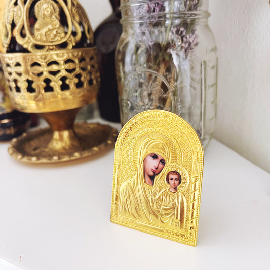 Small Gold Nightstand Icon of the Theotokos and Christ | Travel Icon