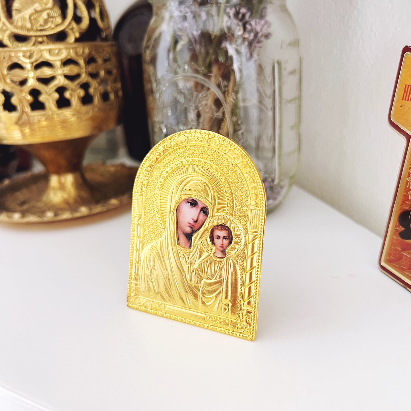 Small Gold Nightstand Icon of the Theotokos and Christ | Travel Icon