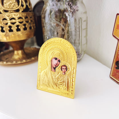 Small Gold Nightstand Icon of the Theotokos and Christ | Travel Icon