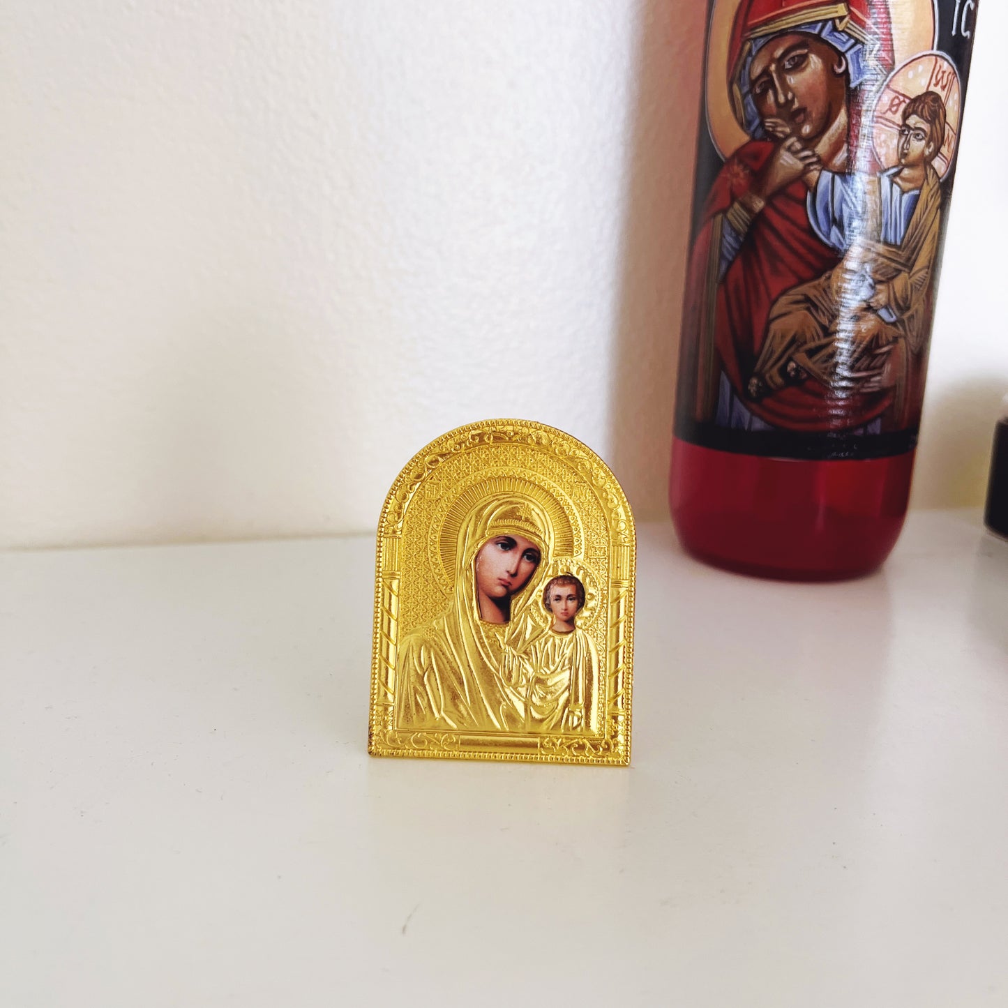 Small Gold Nightstand Icon of the Theotokos and Christ | Travel Icon