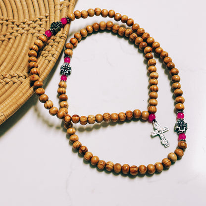 Orthodox 100 Knot Light Brown Beaded Prayer Rope with Pink & Silver Spacers – Handmade