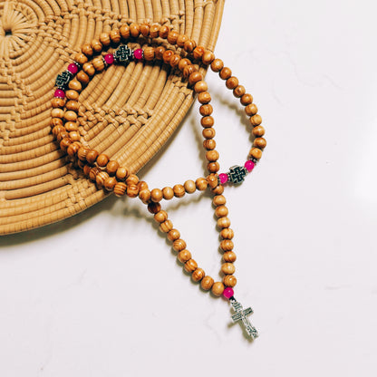 Orthodox 100 Knot Light Brown Beaded Prayer Rope with Pink & Silver Spacers – Handmade