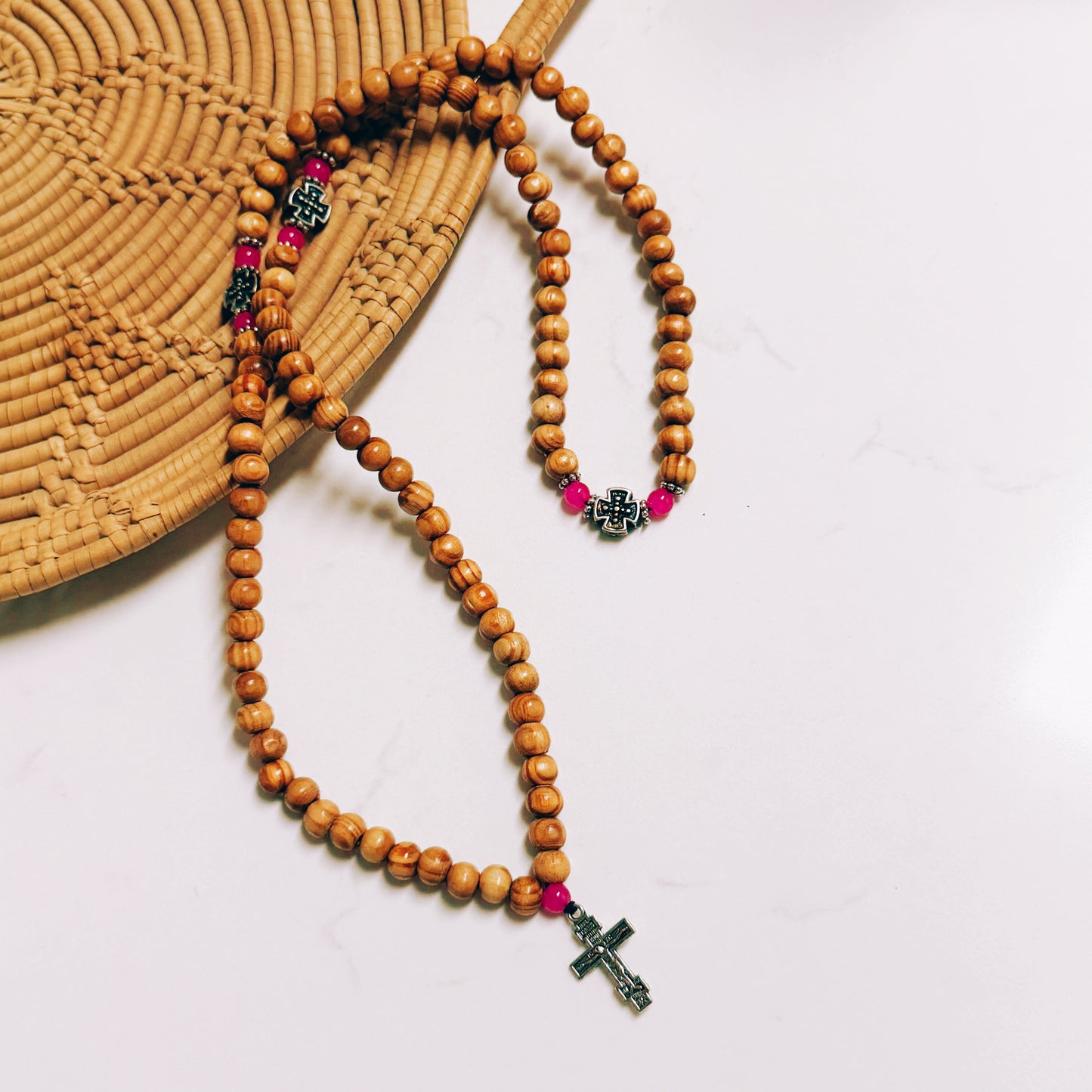 Orthodox 100 Knot Light Brown Beaded Prayer Rope with Pink & Silver Spacers – Handmade