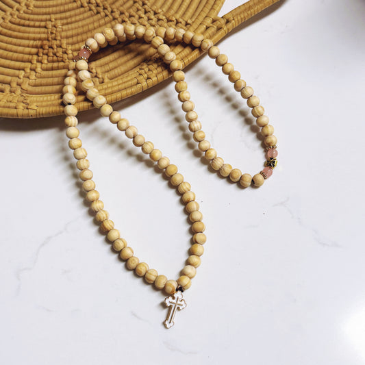 100 Bead Beige Beaded Prayer Rope with Pink and Gold Spacers