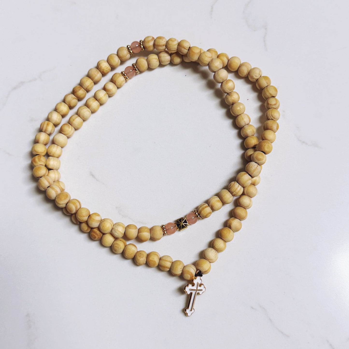 100 Bead Beige Beaded Prayer Rope with Pink and Gold Spacers