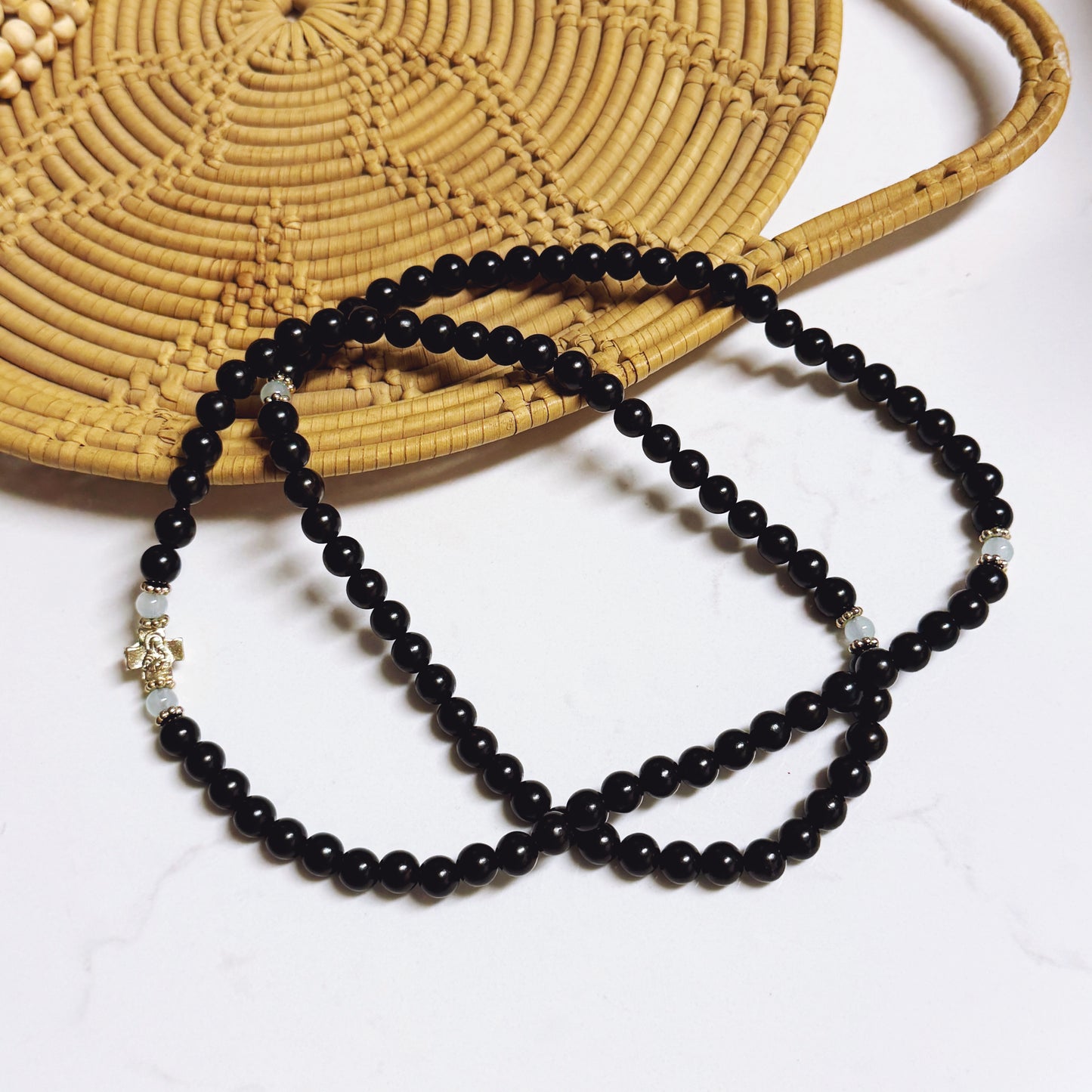 Orthodox Prayer Bracelet - 100 Bead Ebony Wood Bead Infinity Wood with Blue & Gold Spacers
