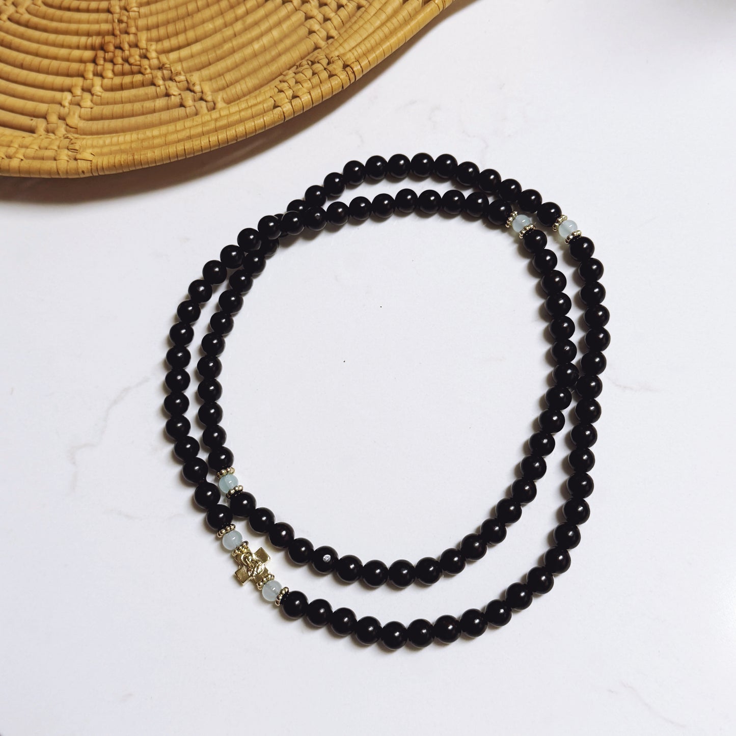 Orthodox Prayer Bracelet - 100 Bead Ebony Wood Bead Infinity Wood with Blue & Gold Spacers