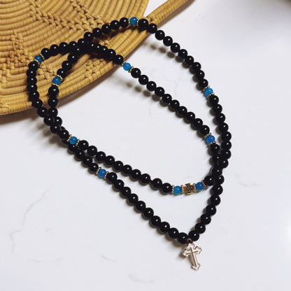 Pulsera de oración de ébano de 100 cuentas con separadores de jade y crucifijo de oro