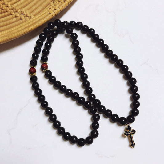 Orthodox Prayer Bracelet - 75 Bead Ebony Wood with Red and Gold Spacers & Black Enameled Cross