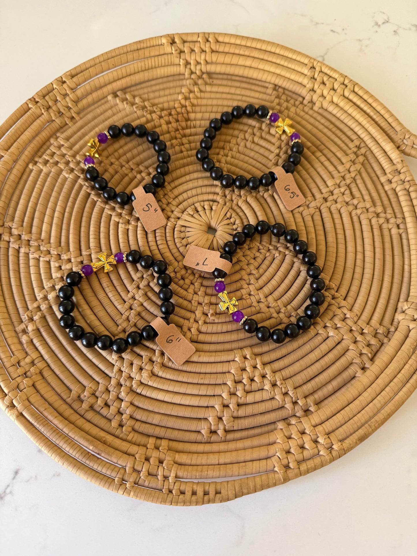 Black Ebony Wood Prayer Bracelet with Gold and Purple Spacer Beads - Handcrafted Orthodox Prayer Rope
