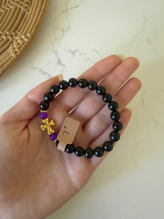 Black Ebony Wood Prayer Bracelet with Gold and Purple Spacer Beads - Handcrafted Orthodox Prayer Rope