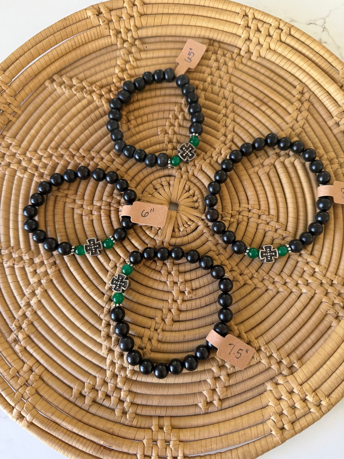 Black Ebony Prayer Bracelet with Silver & Green Stone Spacers - Orthodox Prayer Rope