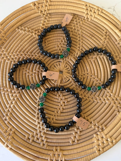 Black Ebony Prayer Bracelet with Silver & Green Stone Spacers - Orthodox Prayer Rope