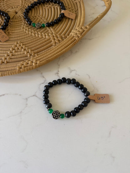 Black Ebony Prayer Bracelet with Silver & Green Stone Spacers - Orthodox Prayer Rope