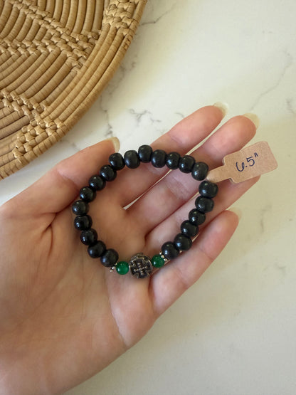 Black Ebony Prayer Bracelet with Silver & Green Stone Spacers - Orthodox Prayer Rope