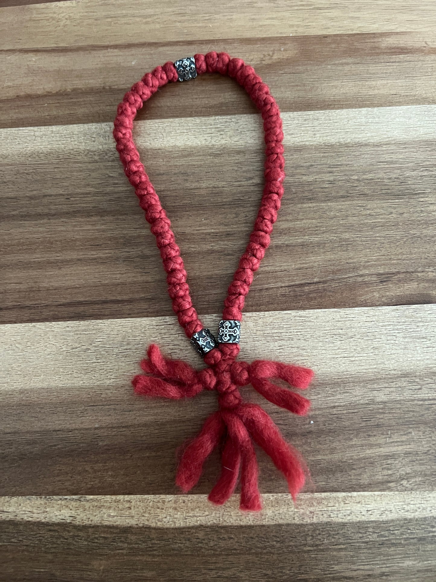 Red Roving Wool 50 Knot Prayer Rope with Silver Spacers