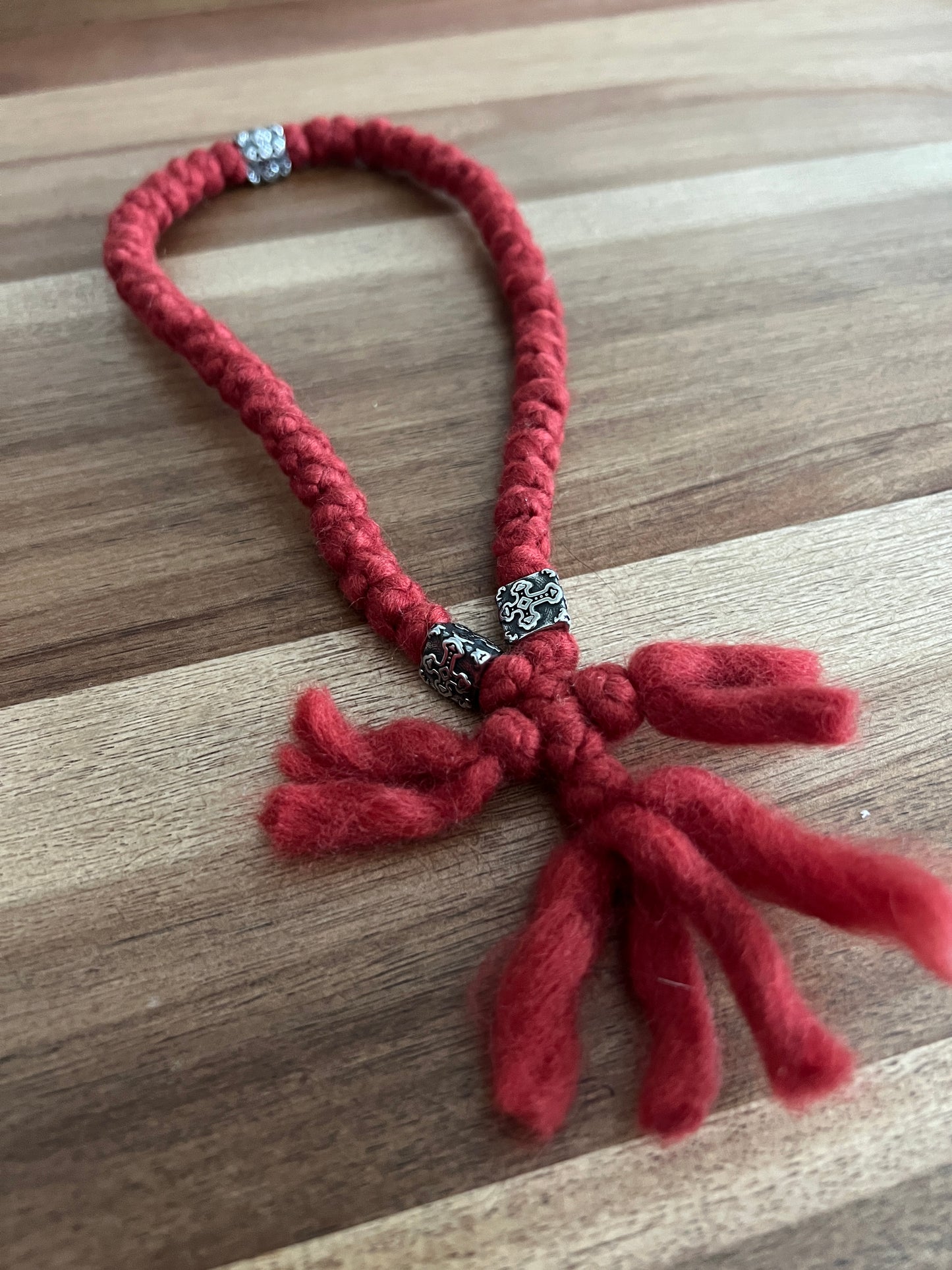 Red Roving Wool 50 Knot Prayer Rope with Silver Spacers