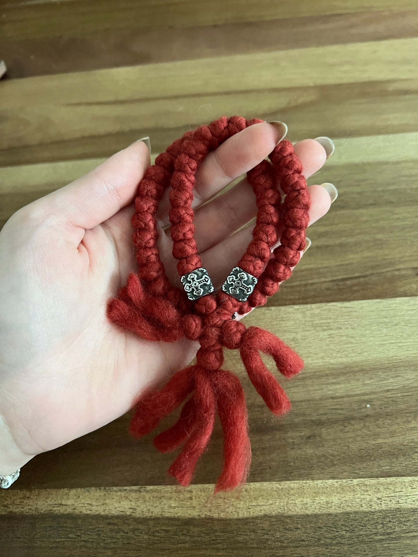 Red Roving Wool 50 Knot Prayer Rope with Silver Spacers