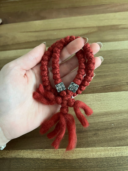 Red Roving Wool 50 Knot Prayer Rope with Silver Spacers