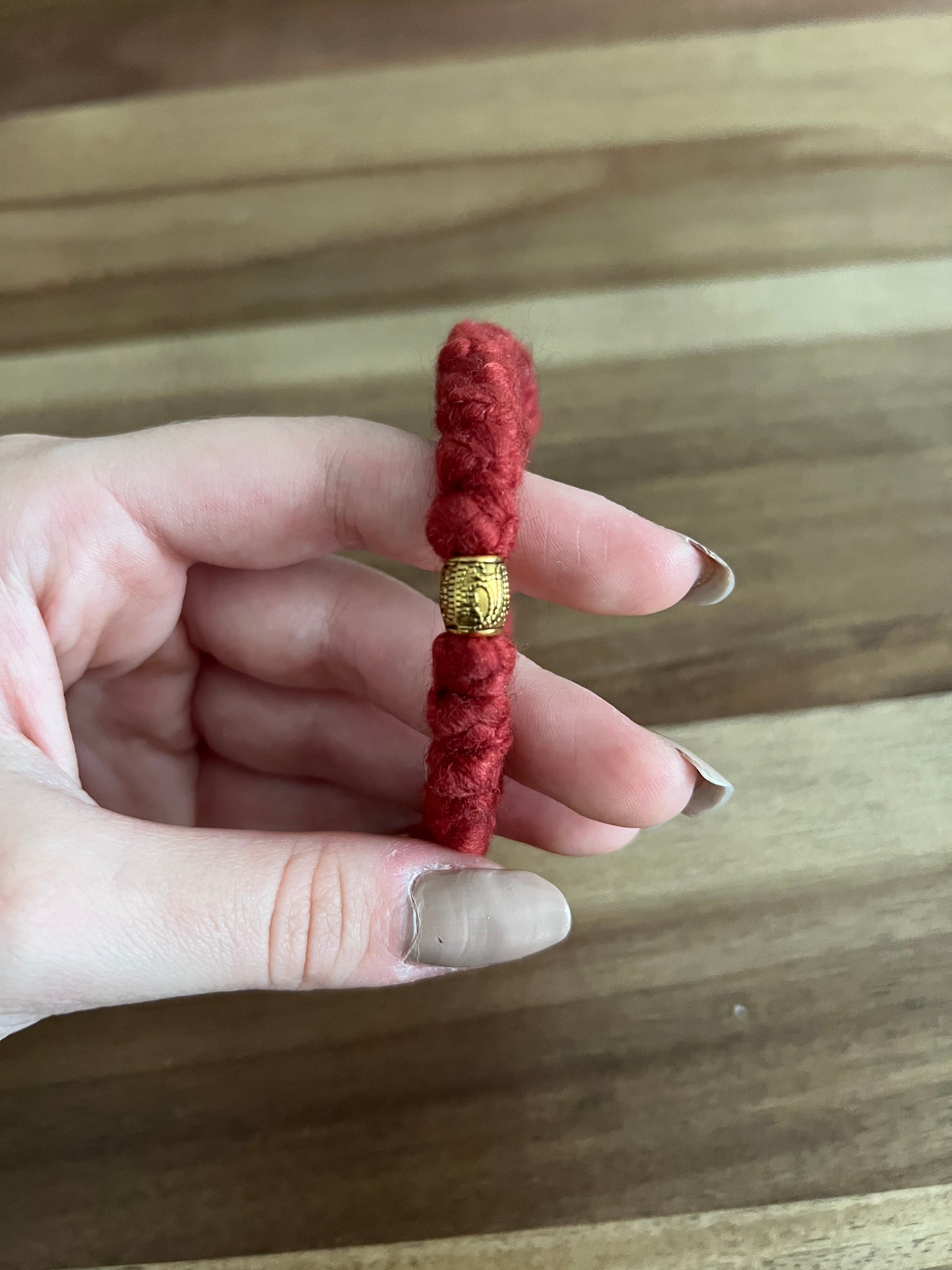 Red Roving Wool 33 Knot Prayer Bracelet with Gold Spacers